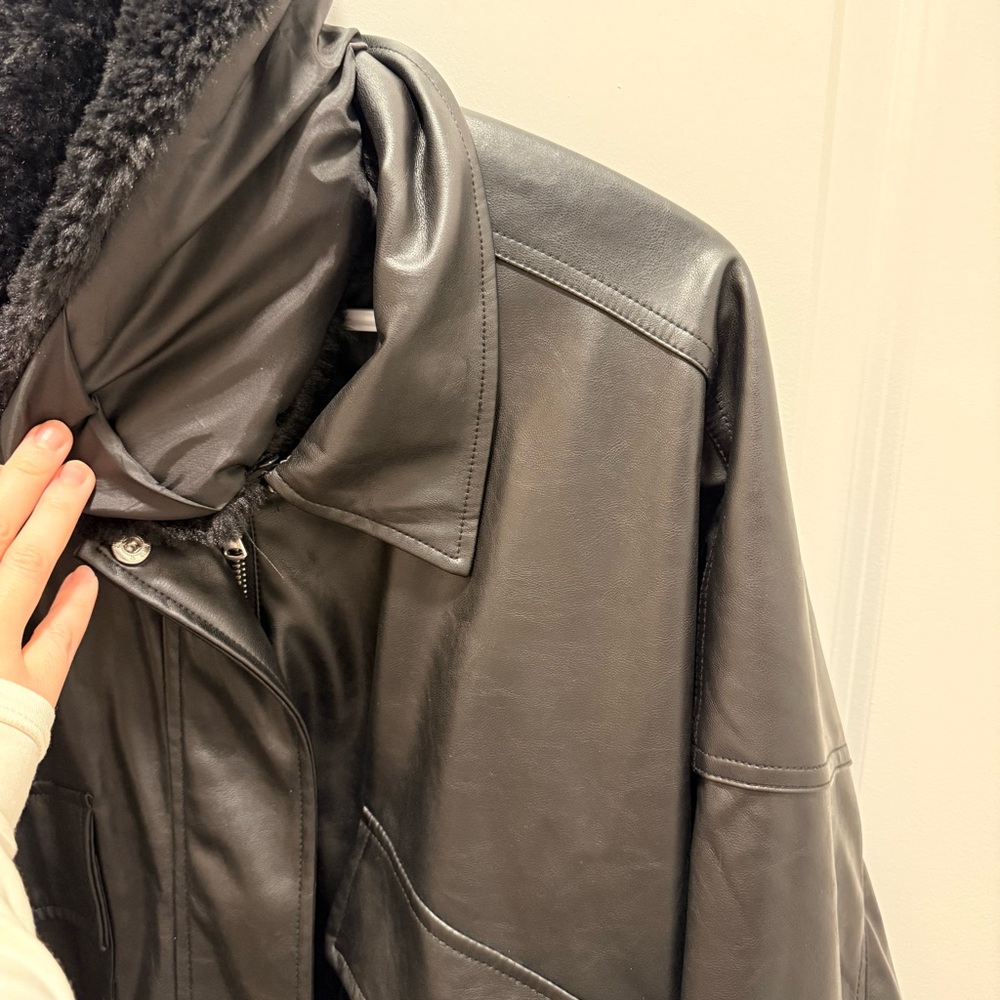 Black Faux Leather Bomber Jacket with removable sherpa collar - Picture 7 of 9